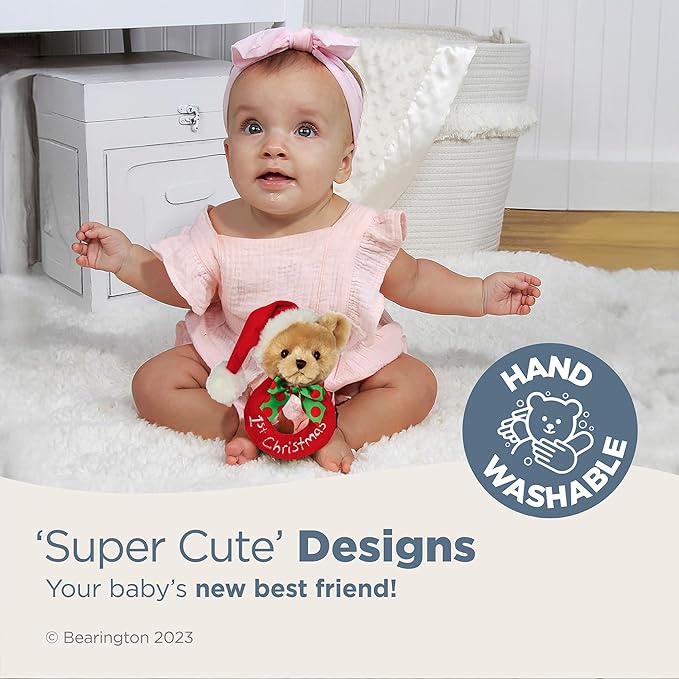 Bearington Baby 1st Christmas, 5.5 Inch Teddy Bear Plush Stuffed Animal, Soft Baby Rattles and Plush Rings, for Ages 0-14