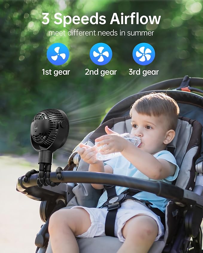 Stroller Fan Rechargeable Battery Powered Portable Fans, Head Detachable 360° Rotatable Clip on Fan, 3 Speed Quiet Small Mini Fans with Light Night for Carseat, Bed, Crib, Bike, Travel, Black
