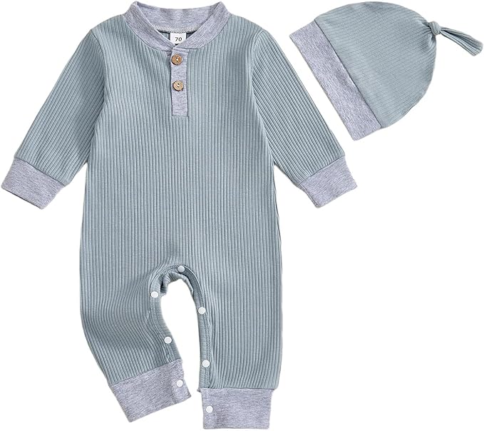 fhutpw Newborn Baby Boy Clothes Ribbed Knit Bodysuit 3 6 Months Infant Fall Long Sleeve Splicing Color Romper Jumpsuit & Hat