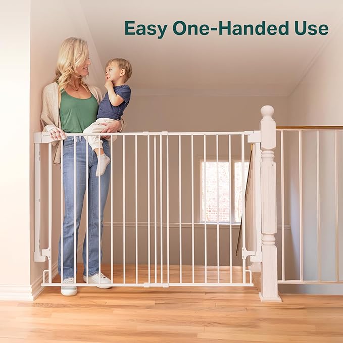 Cumbor 34" Extra Tall Baby Gate for Stairs, Wall-Mounted (Drill Required), Expandable 31.6-48" No Bottom Bar Dog Gate Indoor for Larger Pets, Large Walk Thru Door for Easy Access (White)