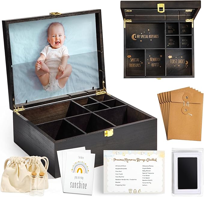 Baby Keepsake Box Wooden with 6 Additional Items - Baby Shower Gifts for Girls Boys New Mom, Newborn Essentials Must Haves Memory Box with Tooth Fairy Tooth Holder, Engraved with Guidelines, Large