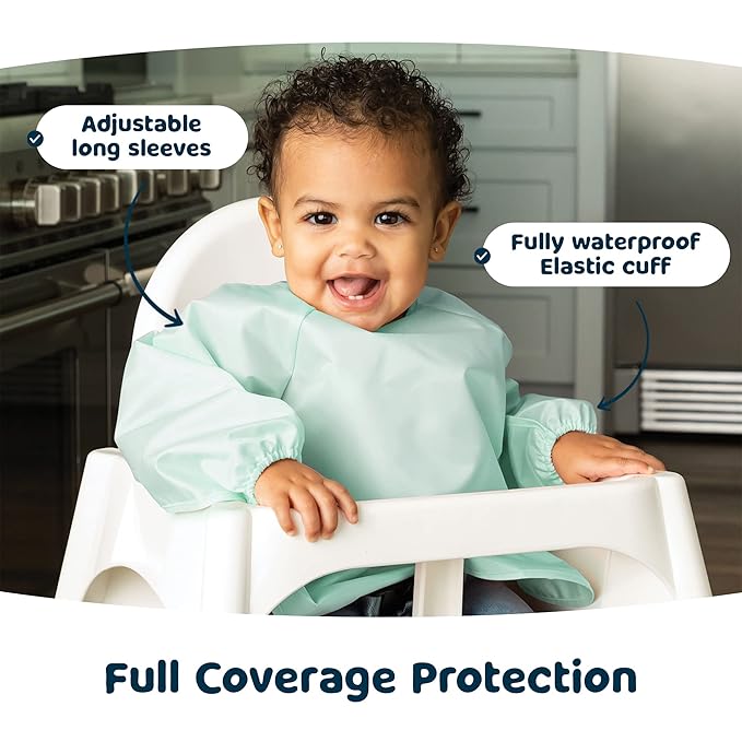 Tiny Twinkle Mess Proof Baby Bibs, 2pk Waterproof Smock Baby Bibs for Eating, Machine Washable Long Sleeve Bibs, Baby Led Weaning, Toddler Bibs, BLW Supplies (Sage Charcoal, Small 6-24 Months)