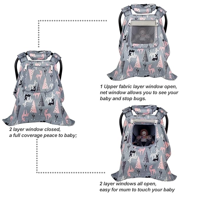 ICOPUCA Car Seat Covers for Babies Unisex Newborn, Carseat Cover Girls/boy with Handle Cushion, Suit Spring Autumn Winter, Deer, Cotton & White Minky;
