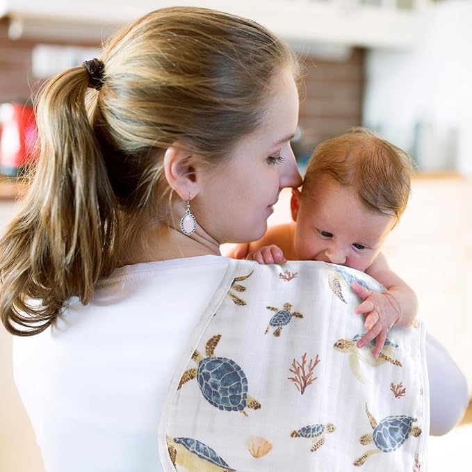 LifeTree Muslin Baby Burp Cloths - 2 Pack 70% Viscose from Bamboo and 30% Cotton Large 22'' by 10'' Absorbent Milk Spit Up Rags - Burping Cloths for Newborn, Girls Boys, Sea Turtle & Solid Blue