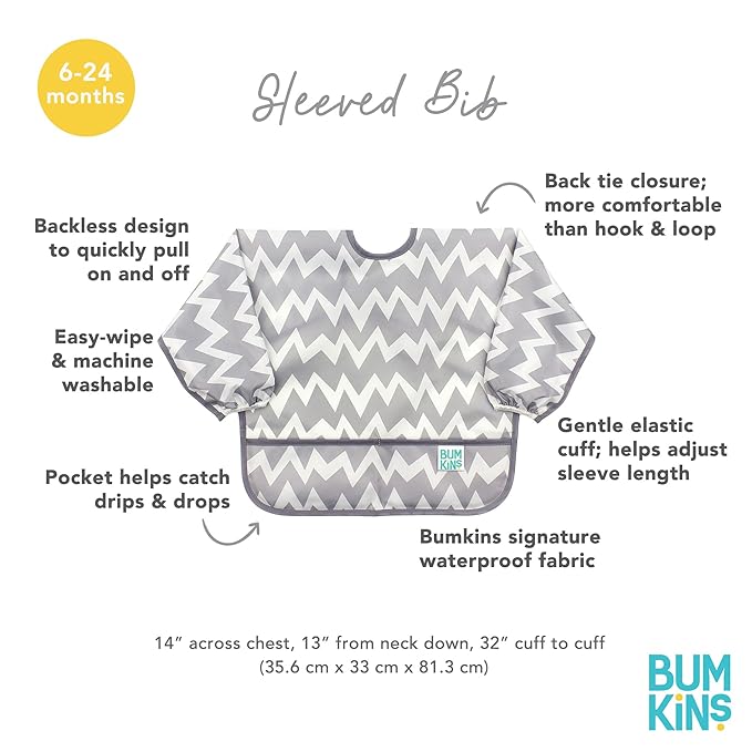 Bumkins Sleeved Bib for Girl or Boy, Baby and Toddler for 6-24 Mos, Essential Must Have for Eating, Feeding, Baby Led Weaning Supplies, Long Sleeve Mess Saving Food Catcher, Soft Fabric, Gray Chevron