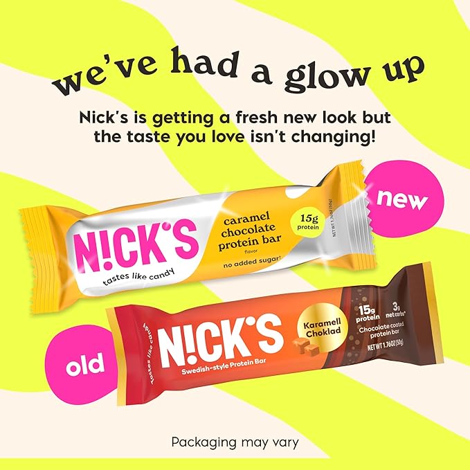 Nick’s Chocolate Caramel Protein Bars – 12-Count Box | High Protein, Low Calories, Low Carbs, Keto Friendly, No Added Sugar