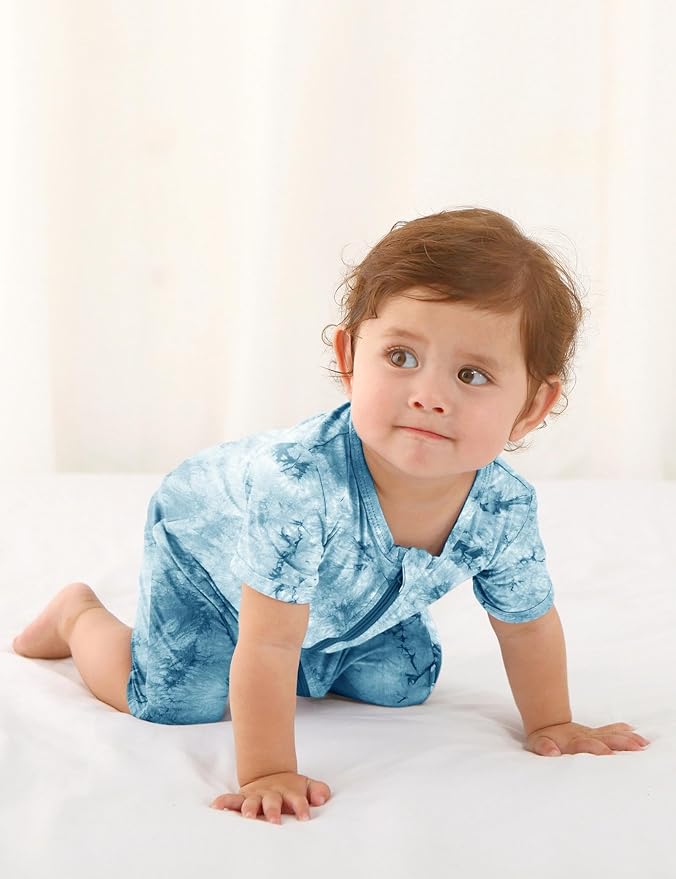 Jimonda Baby Girl Boys Rayon From Bamboo Pajamas 3 Pack Short Sleeve Footless Romper 2 Way Zipper Tie Dye Pjs Sleeper 0-24M