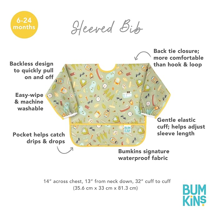 Bumkins Sleeved Bib for Girl or Boy, Baby and Toddler for 6-24 Mos, Essential Must Have for Eating, Feeding, Baby Led Weaning, Long Sleeve Mess Saving Food Catcher, Soft Fabric, Camp Gear Green
