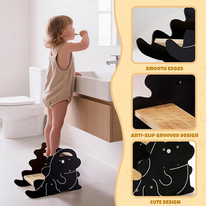 COSYLAND Wooden Toddler Step Stool for Kids with Non-Slip Surface and Handle - Supports Up to 220 Lbs Stool for Toddlers - Lovely Dinosaur Shaped Toddler Stepping Stool for Bathroom (Natural & Black)