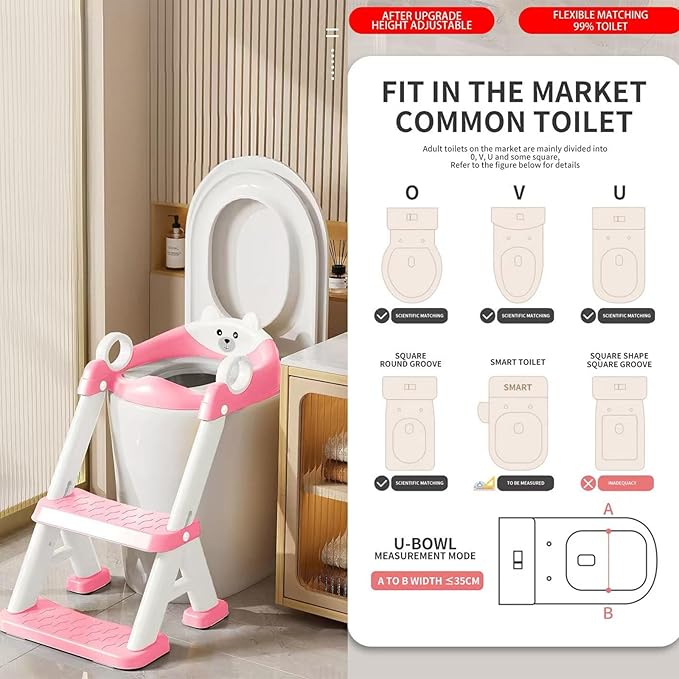 PandaEar Toilet Potty Training Seat with Step Stool Ladder, Comfortable Safe Potty Seat with Anti-Slip Pads Ladder & Bear Design for Kids Boys Toddlers -Pink