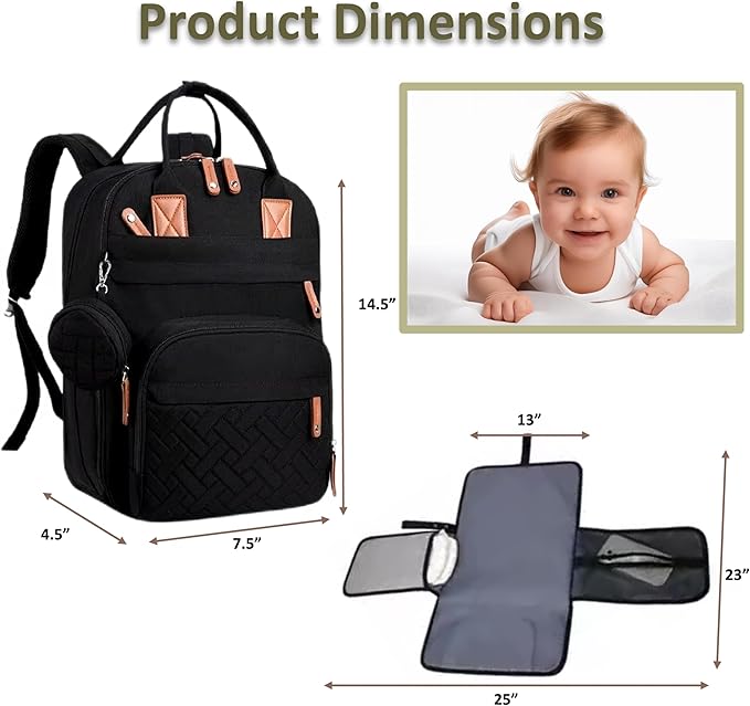 Baby Diaper Bag Backpack - Large Bag for Boys & Girls, with Changing Pad & Pacifier Case, Large Capacity with Insulated Pockets, Waterproof, with Stroller Straps, Unisex - Black