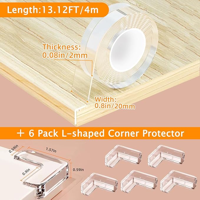 Corner Protectors Baby Proofing,0.8 in x 13.12 FT Clear Edge Protector Strip with 6 Furniture Corner Guards,Cabinets,Tables and Window Sill Sharp Corner Safety Bumpers