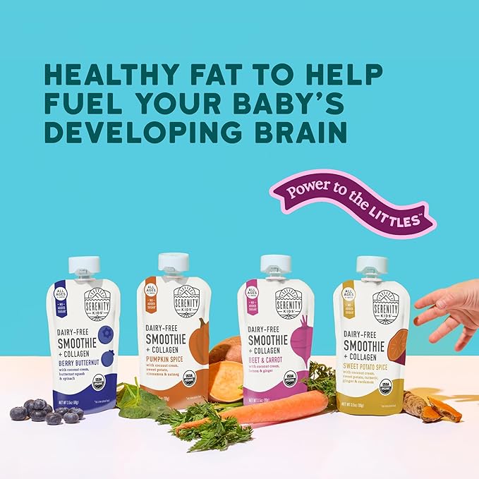 Serenity Kids 6+ Months Dairy-Free Smoothie Baby Food Pouches - BPA-Free, USDA Organic & Grass-Fed Collagen Protein - Lactose-Free Smoothie Pouches - 3.5 Oz, 8 Pack