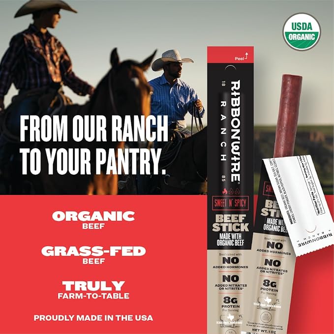 Ribbonwire Ranch Beef Jerky Snack Sticks - Made with Organic Beef, Pasture Raised, High Protein Snack - Healthy, Low Carb, Gluten-Free, Nitrate Free, Perfect for On-the-Go & Keto Diets (1 Count (Pack of 12), Sweet N Spicy)
