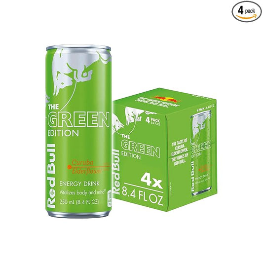 Red Bull Green Edition Energy Drink, Curuba Elderflower, 8.4 fl. oz., Pack of 4 cans, with 80mg Caffeine, Taurine & B Vitamins