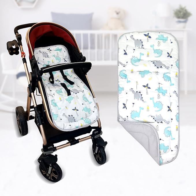 Baby Stroller Cushion, Universal Breathable and Soft Newborn Stroller Mat, 100% Cotton Cover Toddler Seat Pad Liner for Stroller, 34x78cm,1 Pack（Dinosaur+Grey））