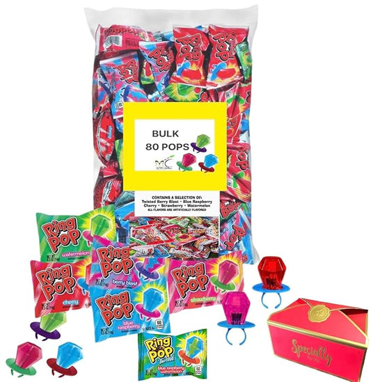 Ring Pop BULK (80 Count) Individually Wrapped Lollipop Suckers w/Assorted Fruity Flavors - Fun Candy for |Easter basket fillers| Party Favors, Birthday,Any Occasion |Bonus MajuuConnect Candy box