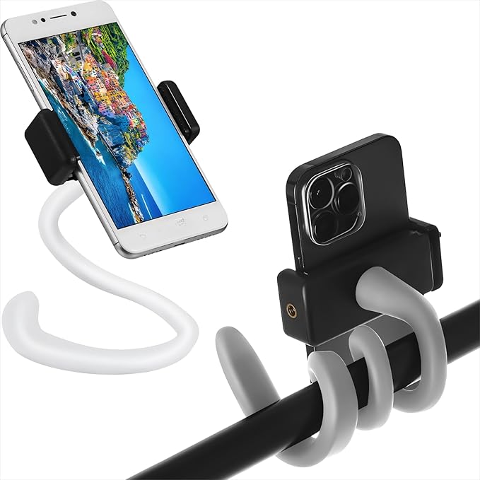 Amylove 2 Pcs Stroller Phone Holder Portable Cell Phone Holder Stand Universal Stroller Accessories for Parent Baby Toddler Cellphone Clamp with Non Slip Silicone Arm Grip(Grey, White,Novel)