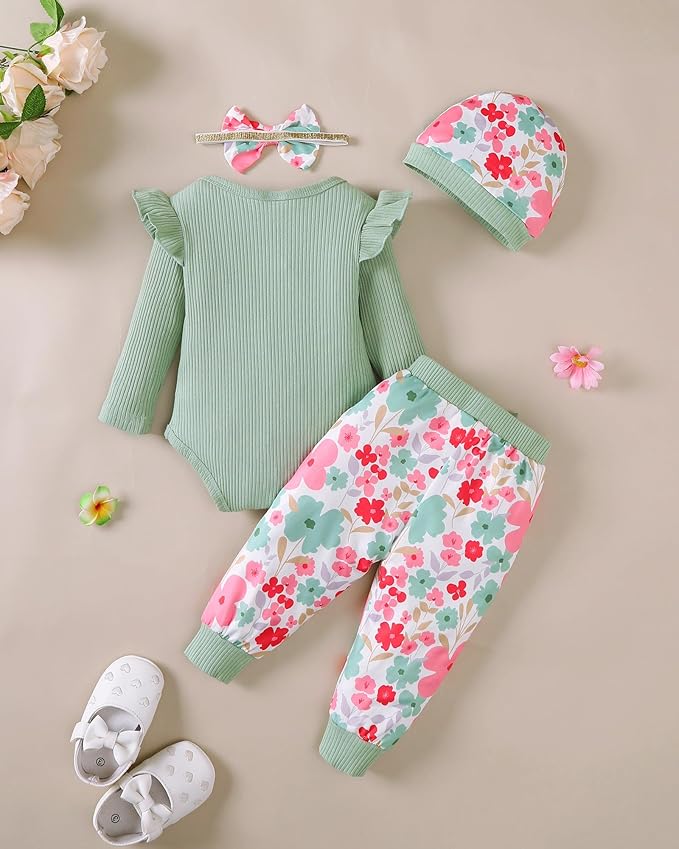 SUNNY PIGGY Baby Girl Clothes Newborn Outfits Infant Ruffle Romper 0-18M Fall Winter Flower Plaid Pants Clothing Set