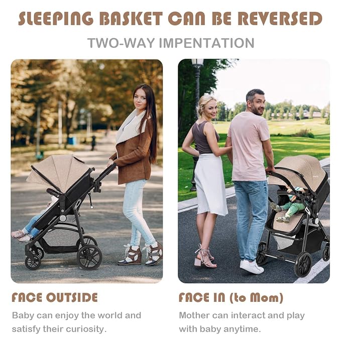 BABY JOY Baby Stroller, 2 in 1 Convertible Carriage Bassinet to Stroller, Pushchair with Foot Cover, Cup Holder, Large Storage Space, Wheels Suspension, 5-Point Harness (Light Coffee)