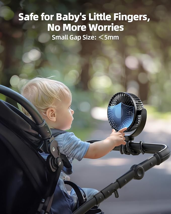 Koonie 5000mAh Portable Stroller Fan - 3-Speed Battery Operated, Flexible Clip-on Tripod, 360° Rotate Flexible Tripod，USB Rechargeable Cooling for Bike, Treadmill, Travel & Car Seat