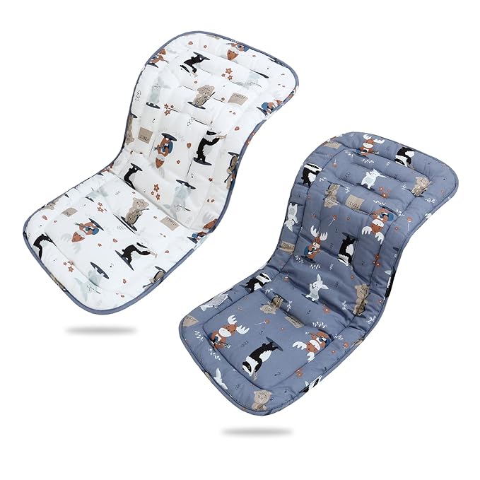 Baby Stroller Cushion,Infant Car Seat Insert-Reversible Universal Breathable and Soft Newborn Stroller Mat,100% Cotton Cover Toddler Seat Pad Liner-34x78cm,1 Pack(Music Animal White+Blue)