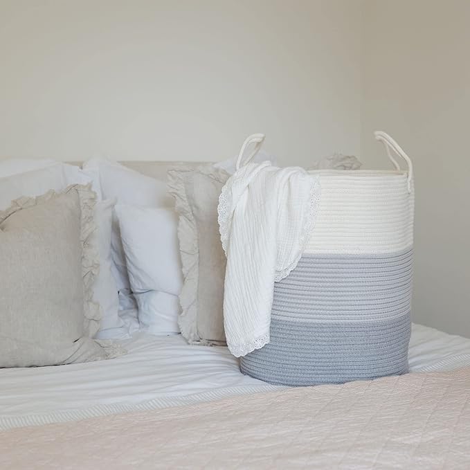 OrganiHaus Gray Nursery Laundry Basket 15x18, Farmhouse Hamper Basket, Extra Large Storage Basket, Blanket Basket for Living Room, Baby Laundry Hamper, Toy Basket for Kids