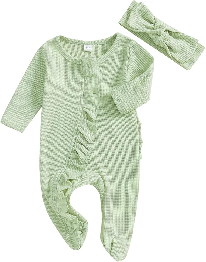 Fanvereka Newborn Infant Baby Girl Fall Outfit Romper 3 6 12 Months Girls Long Sleeve Full Length Zipper Footie Headband