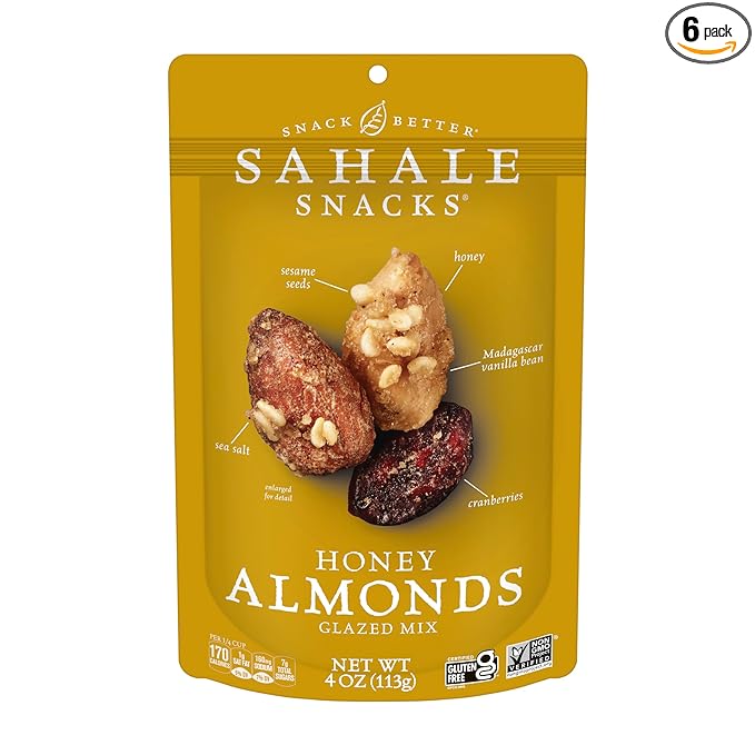 Sahale Snacks Honey Almonds Glazed Mix, 4 oz Pouches (6 Packs) - Dry-Roasted Deluxe Mixed Nuts with Tart Cranberries & Madagascar Vanilla - Non-GMO, Kosher, & Certified Gluten-Free Snacks