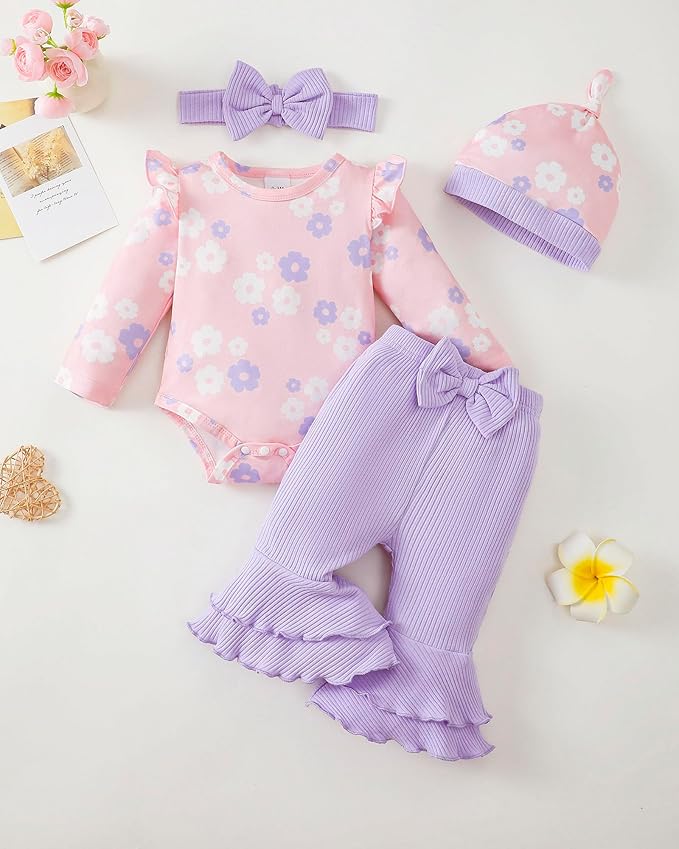 Renotemy Preemie Newborn Baby Girl Clothes Infant Romper Fall Winter Outfits Gifts for Girls Cute Bell Bottoms Pant Sets