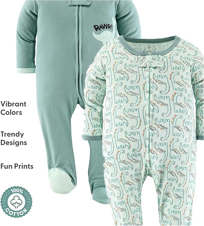 The Peanutshell Baby Sleepers for Boys Set of 3 - Soft Cotton Footed Pajamas for Newborns & Infants - Green Dino
