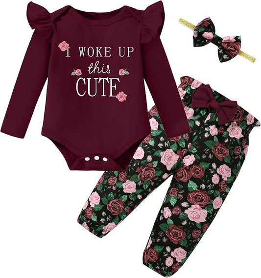 Baby Girl Clothes Newborn Infant Cotton Ruffle Romper+ Floral Pants + Headband Sets Fall Winter Outfits