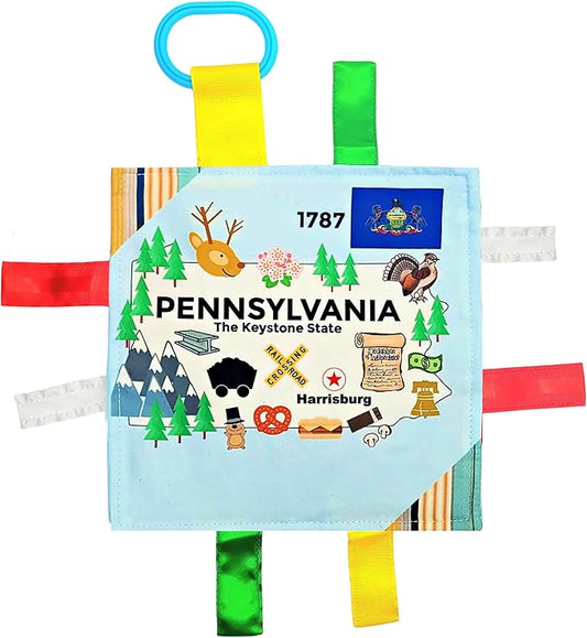Baby Jack & Co 8x8” Learning Lovey Pennsylvania State Tag Stroller Toy for Babies - Crinkle Toys for Developing Five Senses - Learn About Capitals - Travel with Baby Jack - BPA Free Clip