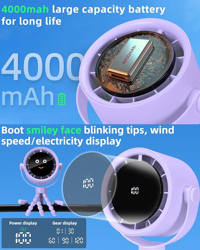 Stroller Fan Portable, Personal Fan for Travel, Air Turbo Tech & Digital display, Detachable 5 Speeds Rechargeable 360° Rotate Flexible Tripod Fan, For Home Office Stroller Camping - Purple