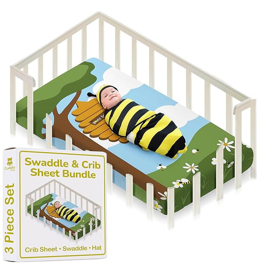 Cuddle Club Newborn Swaddle Gift Set – Includes Swaddle Blanket, Hat & Crib Sheet in Fun Styles – For Baby Boys & Girls