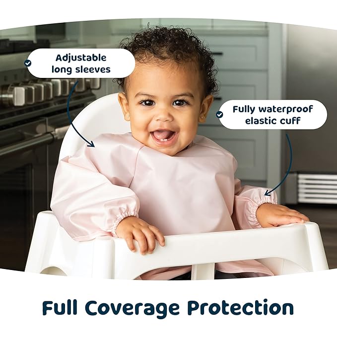 Tiny Twinkle Mess Proof Baby Bibs, 2pk Waterproof Smock Baby Bibs for Eating, Machine Washable Long Sleeve Bibs, Baby Led Weaning, Toddler Bibs, BLW Supplies (Rose Burgundy, Small 6-24 Months)