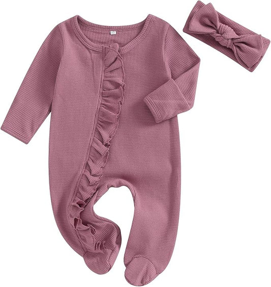 Newborn Girl Clothes Baby Girl Coming Home Outfit Zipper One-piece Outfits Ruffle Footie Bodysuit Jumpsuit Headband