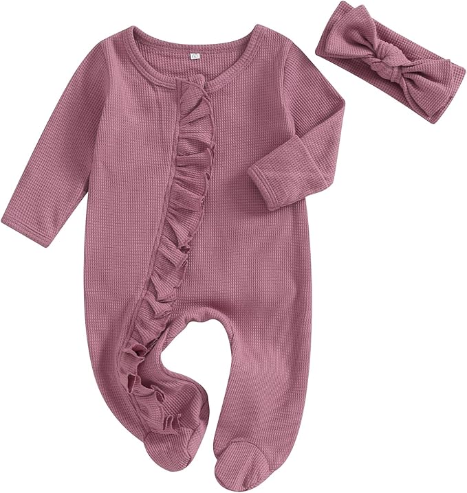 Fanvereka Newborn Infant Baby Girl Fall Outfit Romper 3 6 12 Months Girls Long Sleeve Full Length Zipper Footie Headband