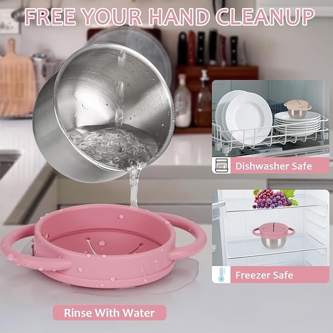 2 Pack 304 Stainless Steel Snack Cups for Toddlers, Toddler Snack Containers with Spill-Proof Silicone Travel Lid & Handle, Dishwasher Safe, Removable Snack Cup for Baby, Toddler, Kids