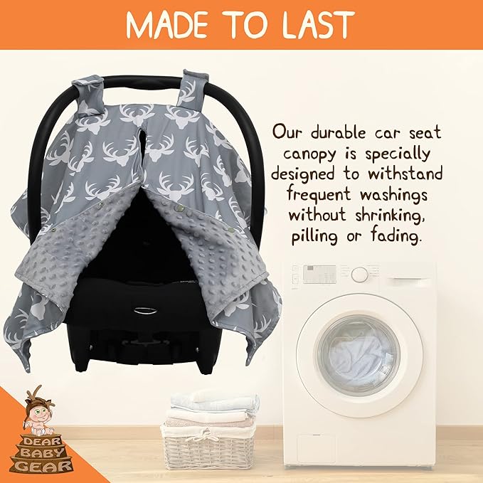 Dear Baby Gear - 40x30 Car Seat Canopy, Infant Carrier Cover for Boys & Girls, Cozy Fall, Nursing & Stroller Use, Newborn Travel Sunshade Accessory, Antlers on Gray, Gray Dot