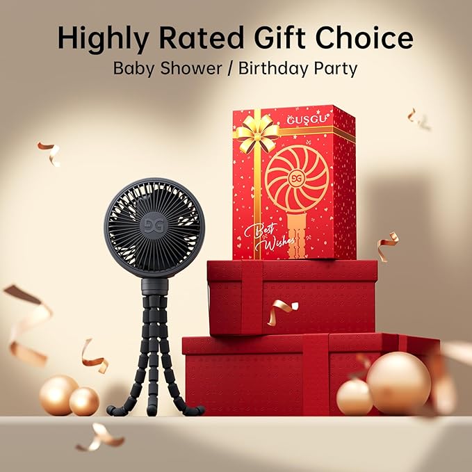 GUSGU Baby Stroller Fan with Clip, Rechargeable & Battery Operated Portable Fan with 16H Max Runtime, Hands Free 360° Adjustable Quiet Personal Fan for Travel, Car Seat, Crib, Trolley, Bedroom