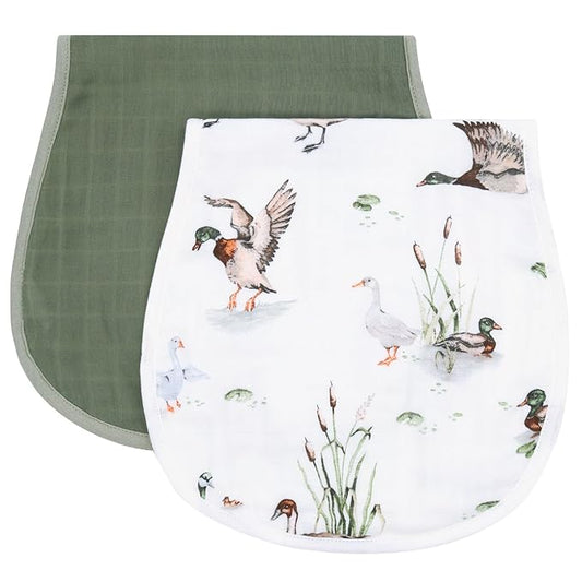 LifeTree Muslin Baby Burp Cloths - 2 Pack 70% Viscose from Bamboo and 30% Cotton Large 22'' by 10'' Absorbent Milk Spit Up Rags - Burping Cloths for Newborn, Girls Boys, MallardDuck & Olive