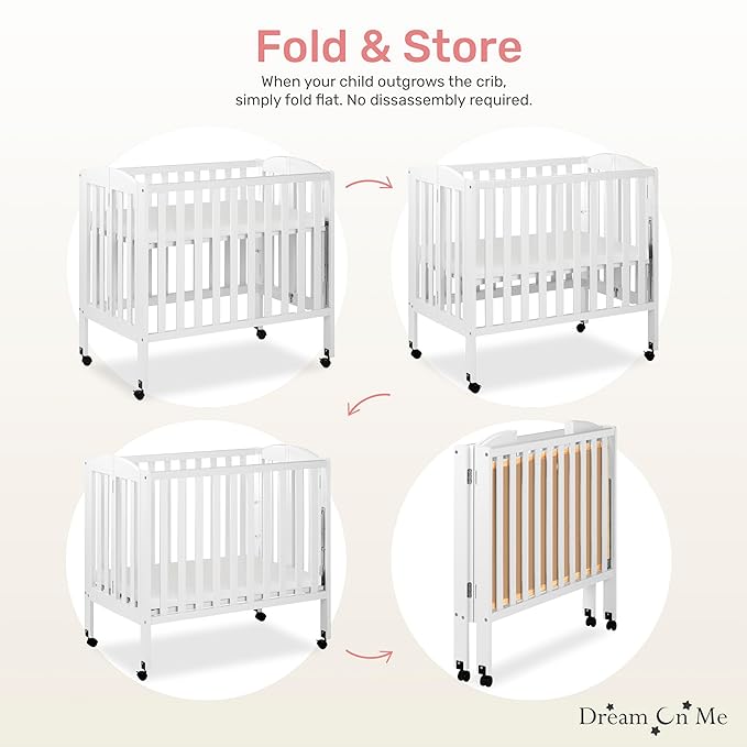 Dream On Me 3-in-1 Portable Folding Stationary Side Mini Baby Crib in White & Mattress, GreenGuard Gold & JPMA, Use as Changer & Playpen, Locking Wheels, 3 Mattress Heights, Extra Firm Mattress