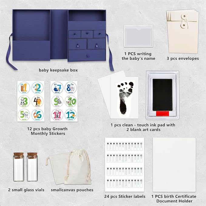 Memory Box for Kids,Baby Keepsake Box, Large Memory Box Drawer-Style Design with 8 Additional Items,Newborn Keepsake Box for Baby Girl & Boy,Gift for Baby Shower, Expecting Moms (Blue)