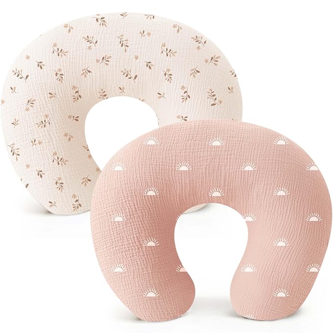Konssy Muslin Nursing Pillow Covers, Soft and Cute Nursing Covers for Breastfeeding Pillows, Ideal for Newborn Baby Boys and Girls (Brown Leaf, Pink Sun) - 2 Pack