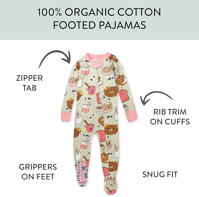 HonestBaby Non-Slip Footed Pajamas One-Piece Sleeper Zip-Front Pjs 100% Organic Cotton for Baby Girls