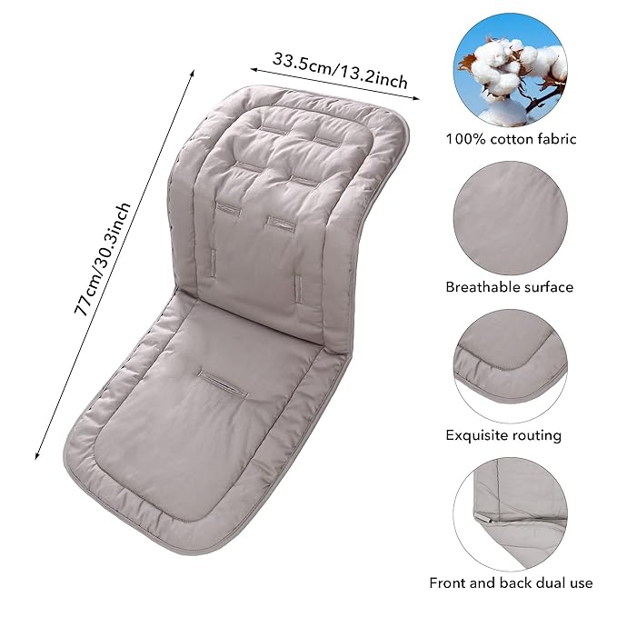 Baby Stroller Cushion,Infant Car Seat Insert-Reversible Universal Breathable and Soft Newborn Stroller Mat, 100% Cotton Cover Toddler Seat Pad Liner-34x78cm,1 Pack（Grey）