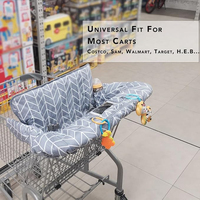 ICOPUCA Shopping Cart Cover for Baby, 2 in 1 cart Cover for Babies N high Chair Cover, Padded Grocery cart seat Cover for Baby Girl boy, with 1” Thick/Removable/Reversible Cushion, Grey;