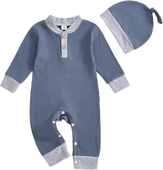 fhutpw Newborn Baby Boy Clothes Ribbed Knit Bodysuit 3 6 Months Infant Fall Long Sleeve Splicing Color Romper Jumpsuit & Hat