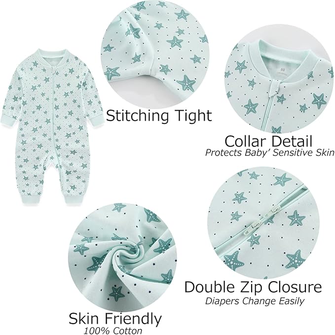 Newborn Baby 2-way Zipper Romper Cotton One-piece Jumsuit 3-pack, 0-24 Months